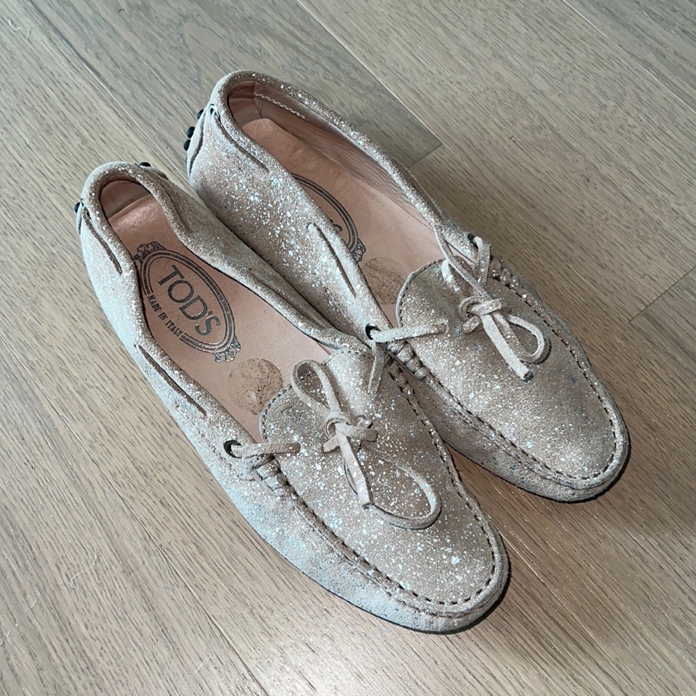 Tod's Suede Paint Spot Bow Loafers